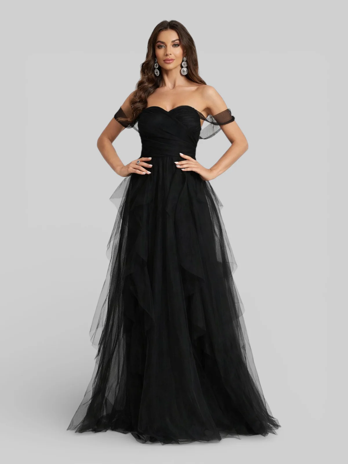 Vestido Longo de Festa em Camadas Ombro  ...